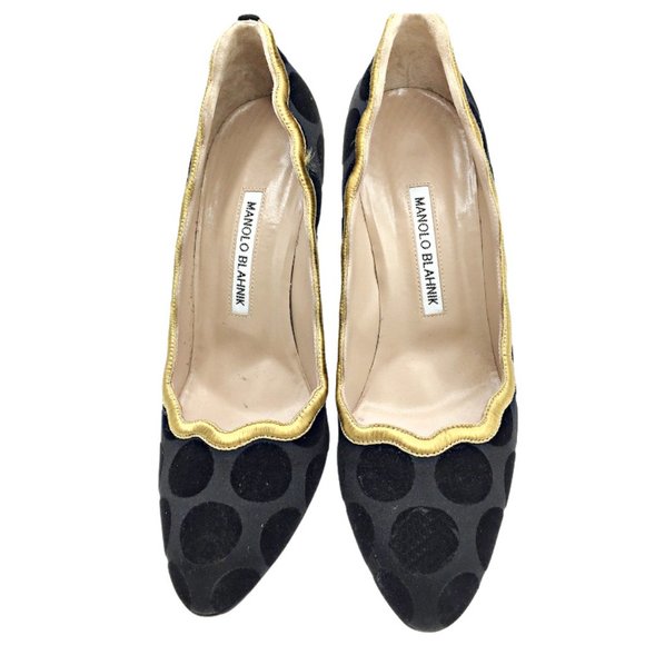 Manolo Blahnik Black Embroidered 4.3" Pump 37.5  7 - Picture 2 of 4